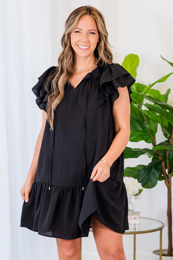 Chic Soul plus size clothing, short sleeve black ruffled mini dress with v-neckline and tassels on the collar