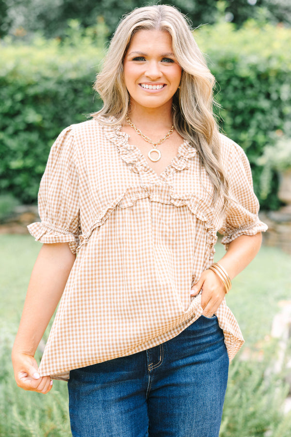 Plus size brown gingham short sleeve blouse