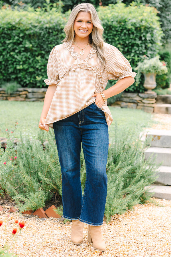 Plus size brown gingham short sleeve blouse