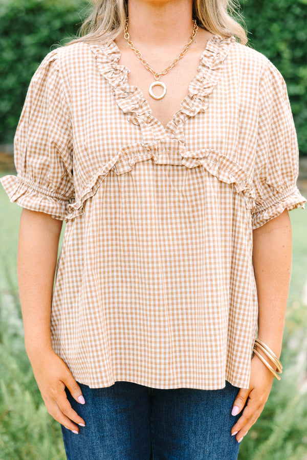 Plus size brown gingham short sleeve blouse