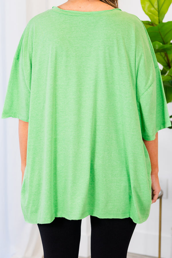 Chic Soul plus size clothing, heather green top with short sleeves, v-neckline, and left chest pocket