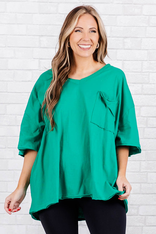 Chic Soul plus size clothing, kelly green casual tee shirt top with raw cut edges