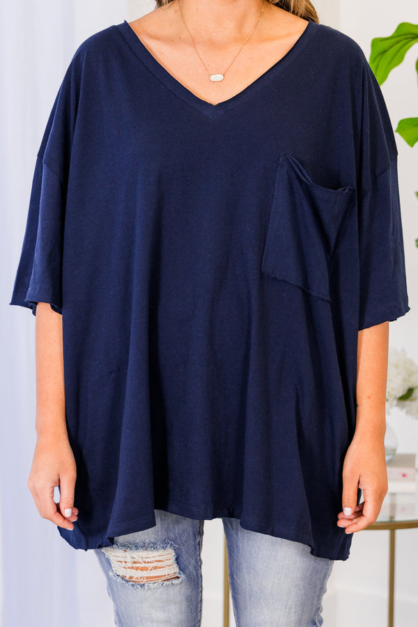 Chic Soul plus size clothing, midnight navy top with short sleeves, v-neckline, and left chest pocket