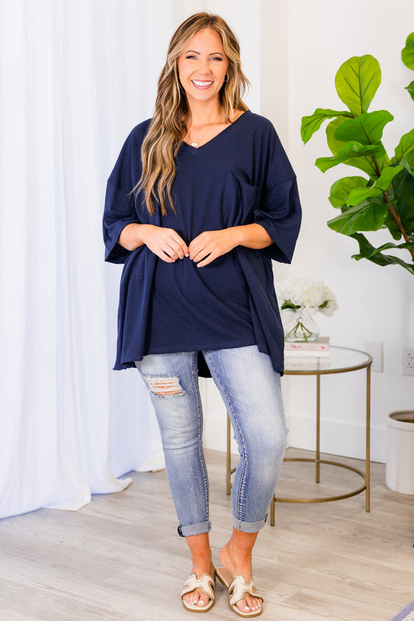 Chic Soul plus size clothing, midnight navy top with short sleeves, v-neckline, and left chest pocket