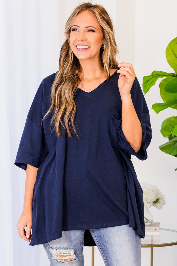 Chic Soul plus size clothing, midnight navy top with short sleeves, v-neckline, and left chest pocket