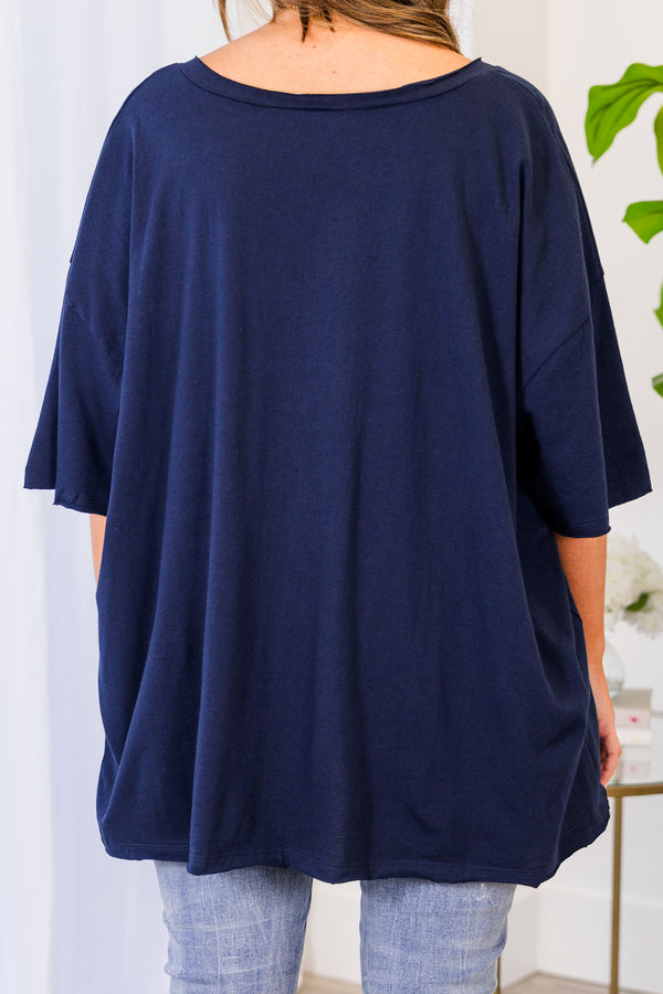 Chic Soul plus size clothing, midnight navy top with short sleeves, v-neckline, and left chest pocket