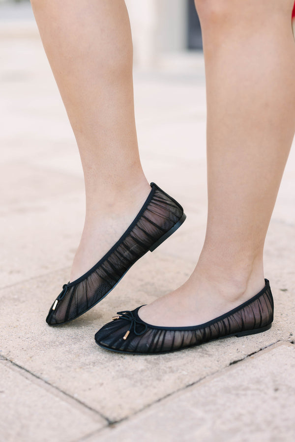 Plus Size black mesh ballet flats with pleated sheer fabric and a small bow detail on the toe.
