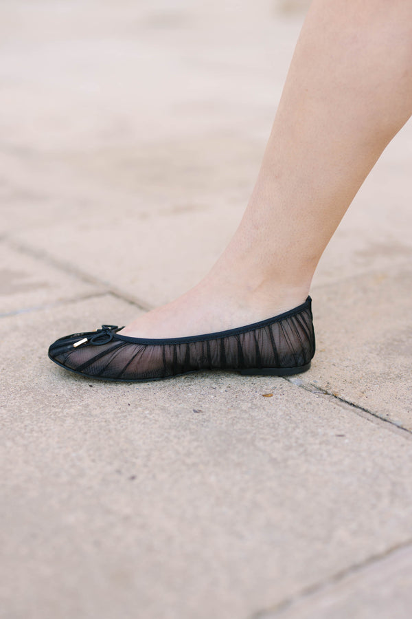 Plus Size black mesh ballet flats with pleated sheer fabric and a small bow detail on the toe.