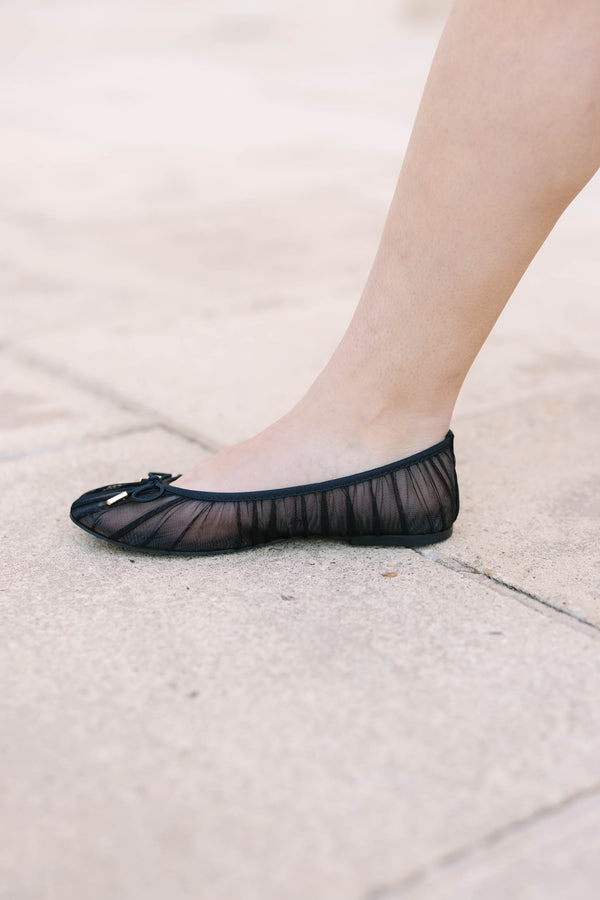 Plus Size black mesh ballet flats with pleated sheer fabric and a small bow detail on the toe.