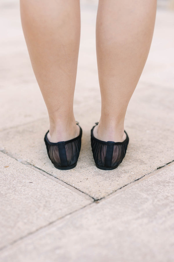 Plus Size black mesh ballet flats with pleated sheer fabric and a small bow detail on the toe.