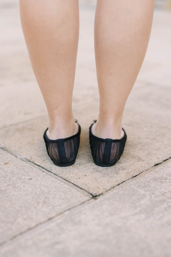 Plus Size black mesh ballet flats with pleated sheer fabric and a small bow detail on the toe.