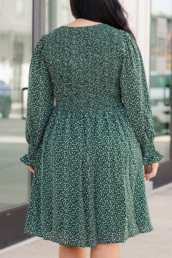 Chic Soul plus size clothing, hunter green long sleeve dress with white floral pattern, smocked material in the back with a vintage neckline