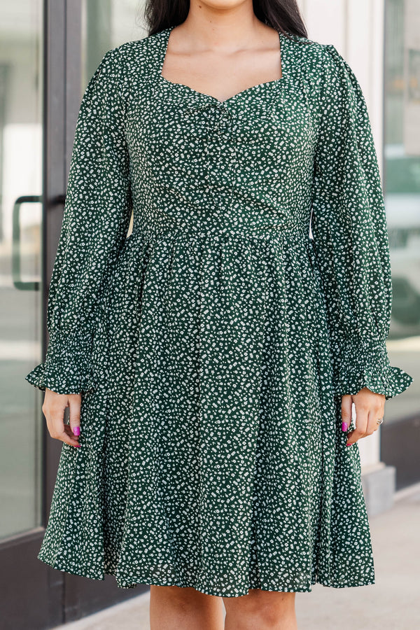 Chic Soul plus size clothing, hunter green long sleeve dress with white floral pattern, smocked material in the back with a vintage neckline