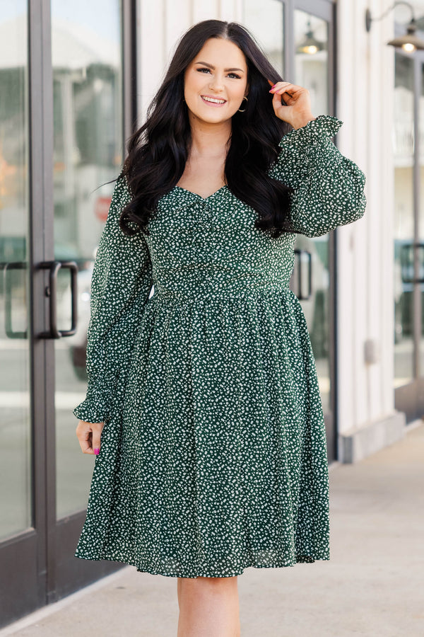 Chic Soul plus size clothing, hunter green long sleeve dress with white floral pattern, smocked material in the back with a vintage neckline
