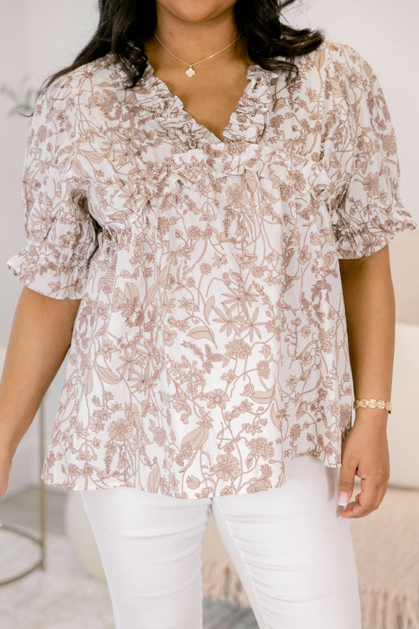 Chic Soul plus size clothing, brown and white floral print short puff sleeve top with ruffle v neckline cutout 