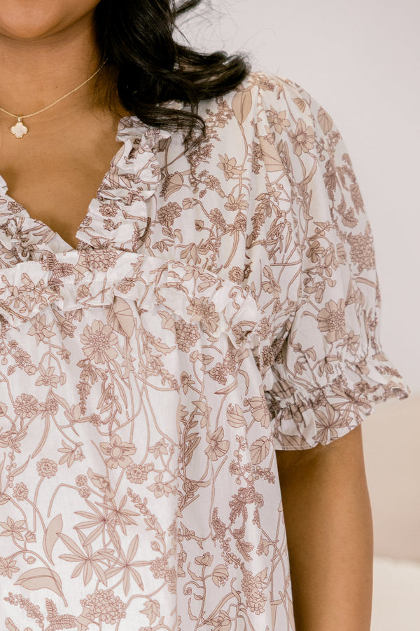 Chic Soul plus size clothing, brown and white floral print short puff sleeve top with ruffle v neckline cutout 