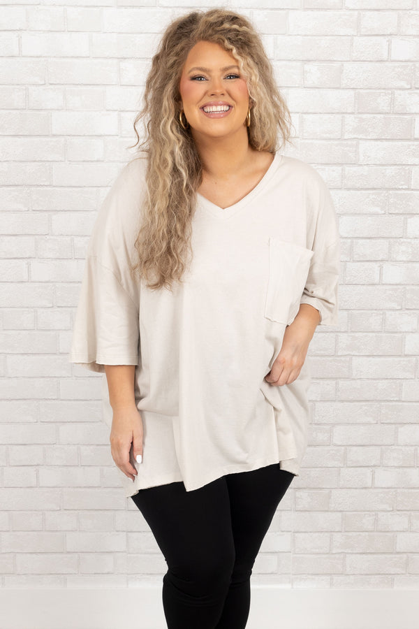 Chic Soul plus size clothing, bone short sleeves oversized t shirt with a front pocket