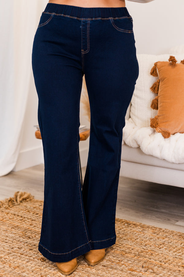 Plus size dark wash pull on flare jeans