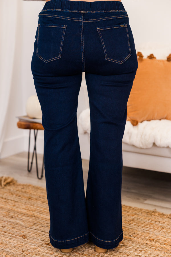 Plus size dark wash pull on flare jeans