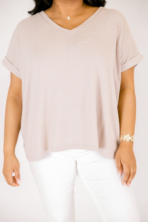 Heather ash mocha colored tee with cuffed short sleeves and a scooped neck
