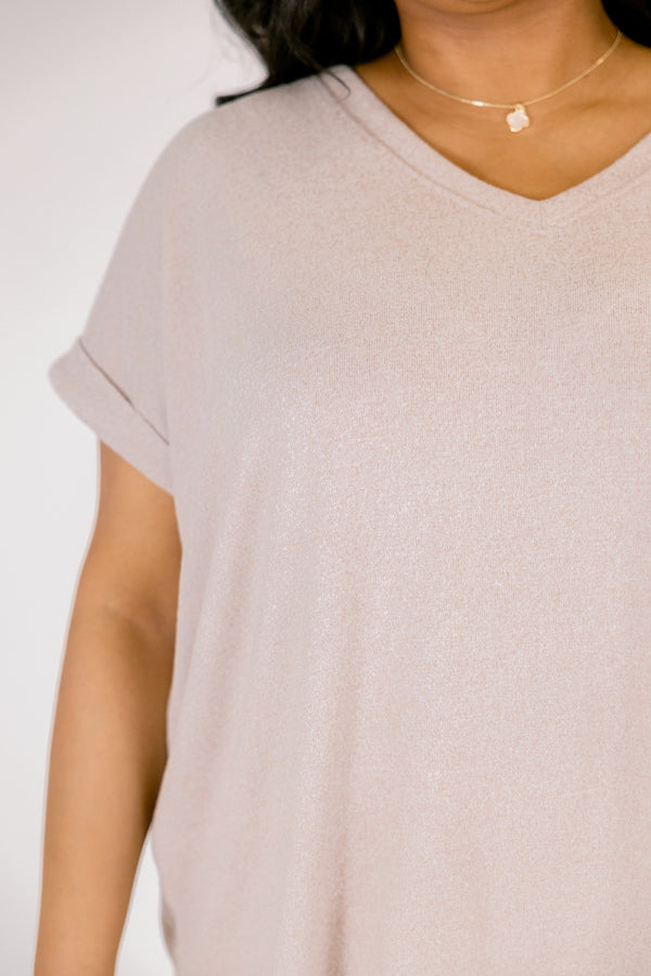 Heather ash mocha colored tee with cuffed short sleeves and a scooped neck