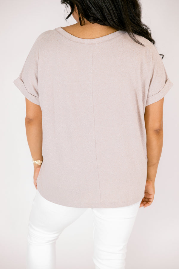 Heather ash mocha colored tee with cuffed short sleeves and a scooped neck
