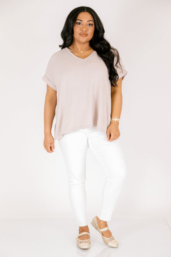 Heather ash mocha colored tee with cuffed short sleeves and a scooped neck