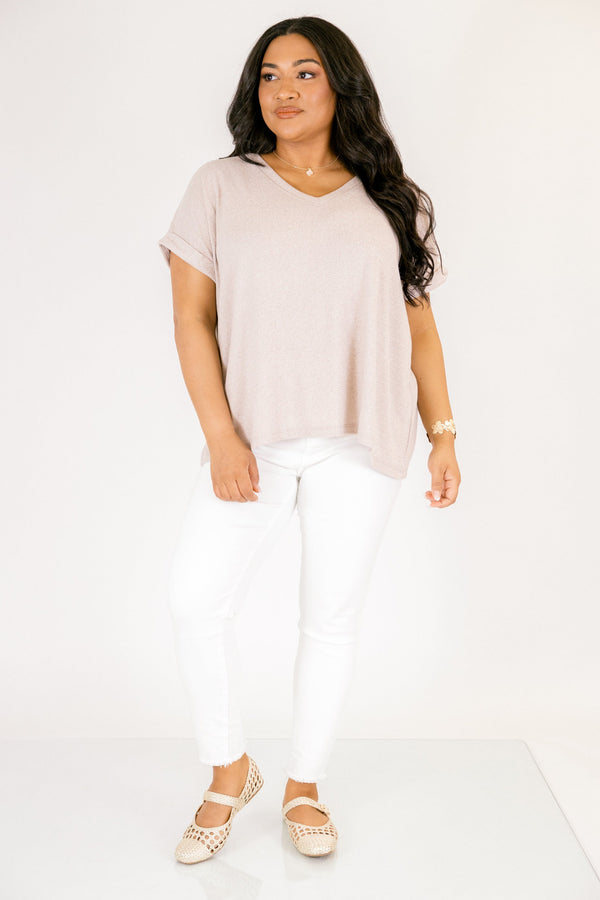  Heather ash mocha colored tee with cuffed short sleeves and a scooped neck