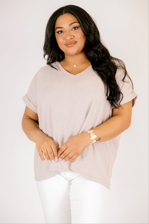 Heather ash mocha colored tee with cuffed short sleeves and a scooped neck