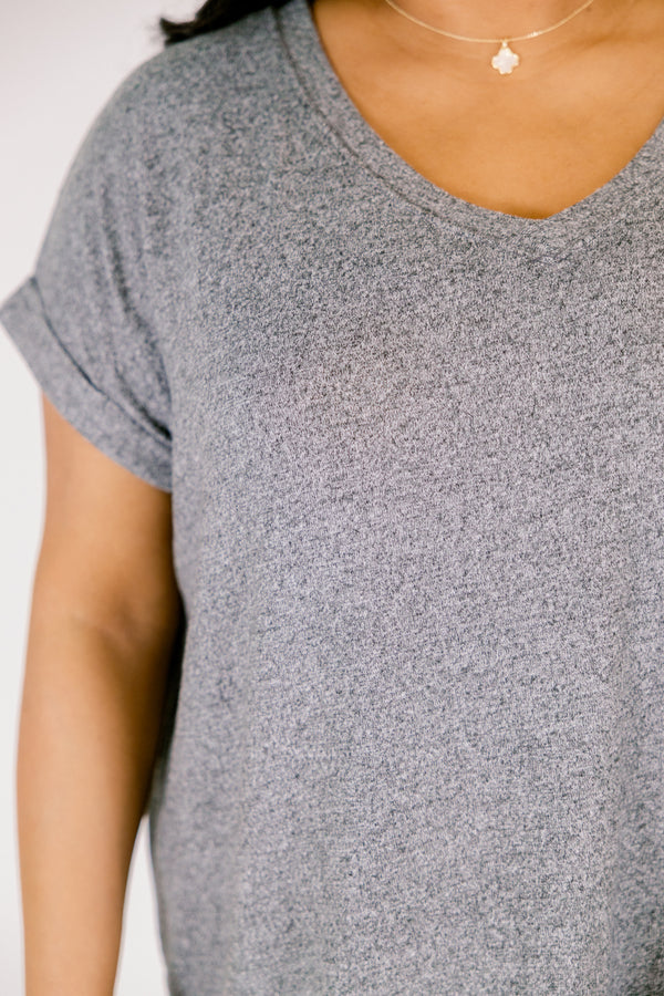 Ash black colored tee with cuffed short sleeves and a scooped neck