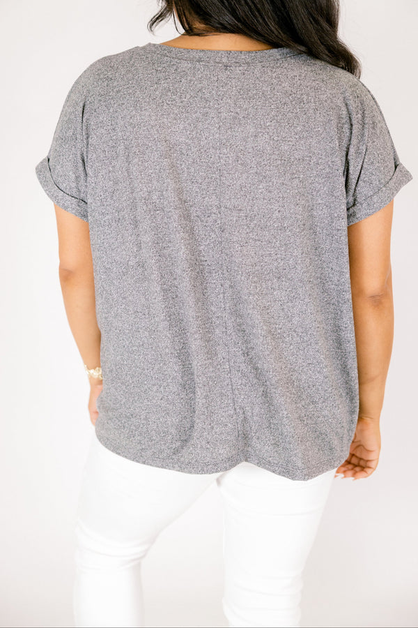 Ash black colored tee with cuffed short sleeves and a scooped neck