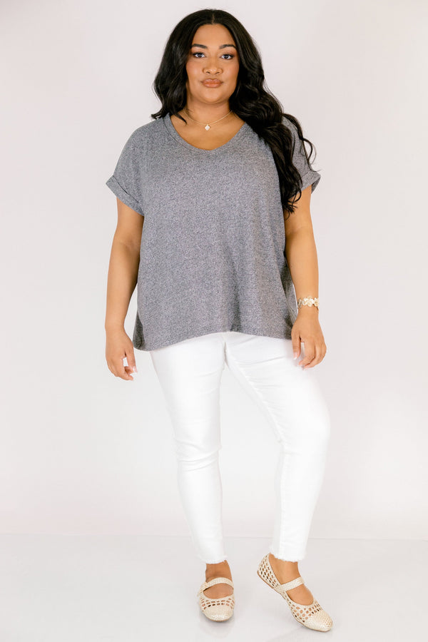 Ash black colored tee with cuffed short sleeves and a scooped neck