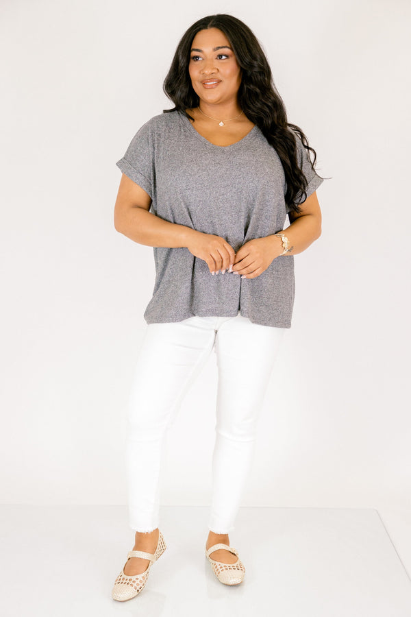 Ash black colored tee with cuffed short sleeves and a scooped neck