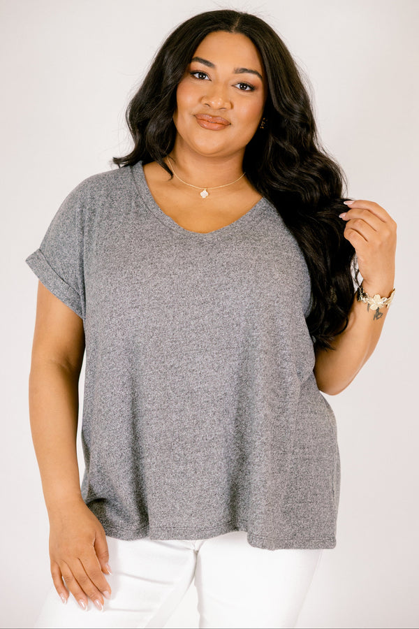 Ash black colored tee with cuffed short sleeves and a scooped neck