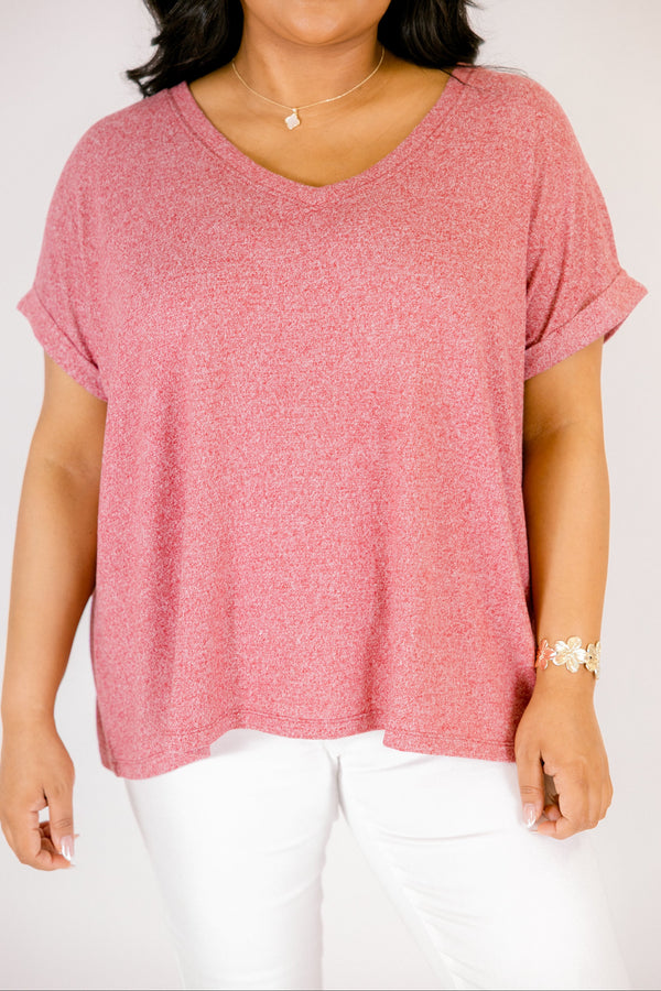 Heather dark red colored tee with cuffed short sleeves and a scooped neck