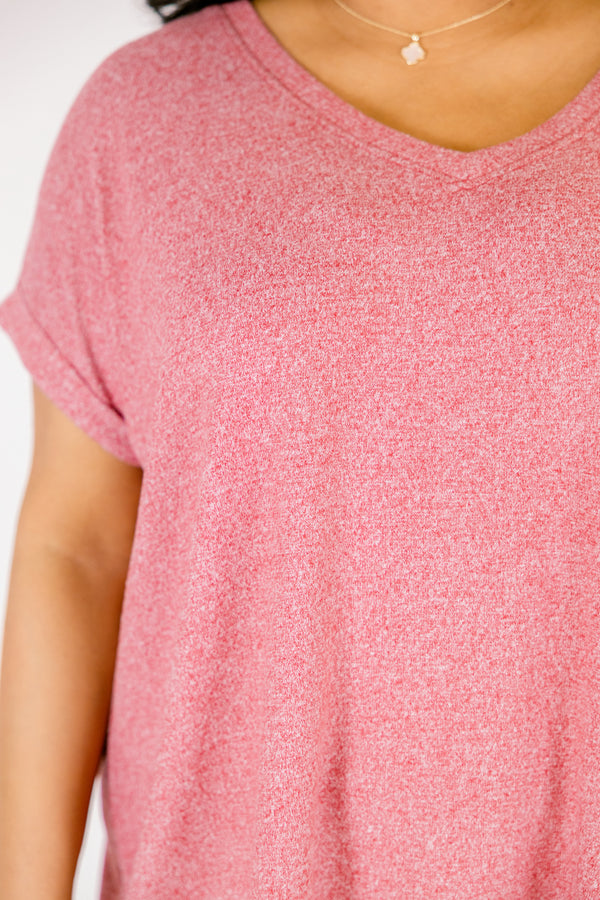 Heather dark red colored tee with cuffed short sleeves and a scooped neck