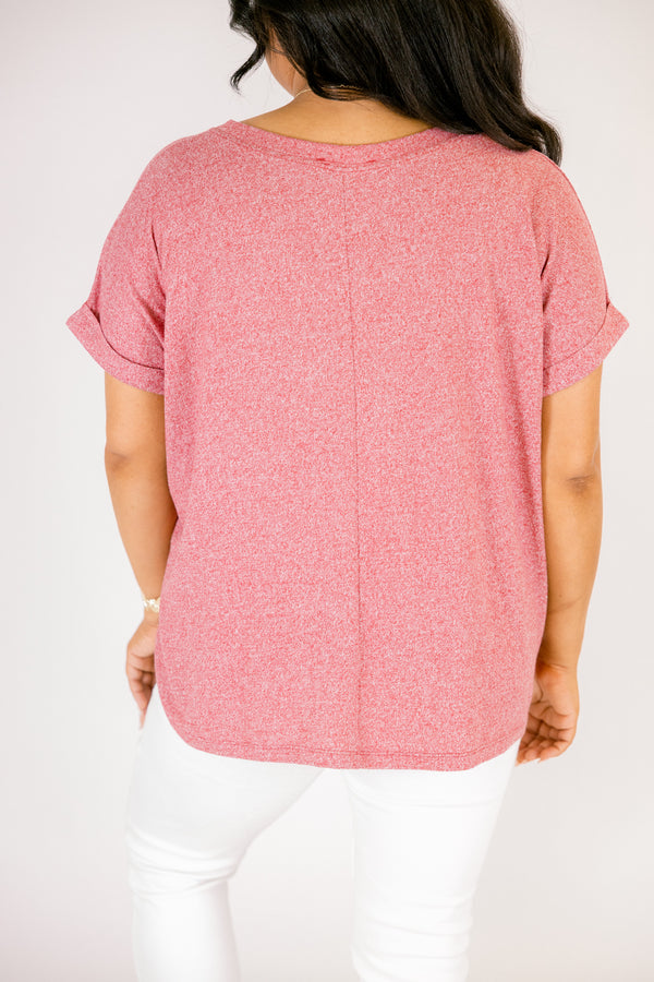  Heather dark red colored tee with cuffed short sleeves and a scooped neck