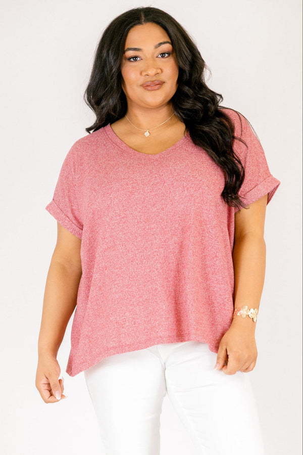 Heather dark red colored tee with cuffed short sleeves and a scooped neck