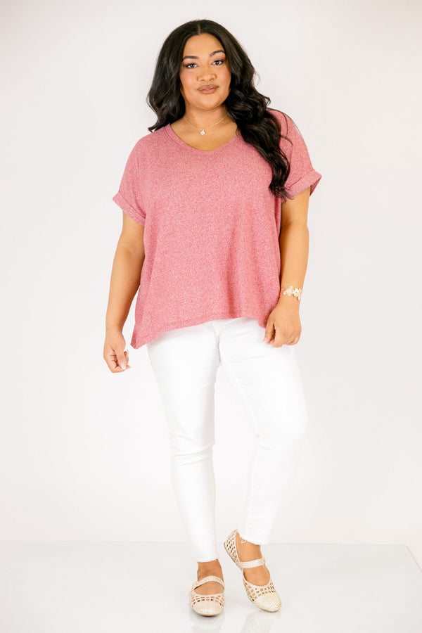 Heather dark red colored tee with cuffed short sleeves and a scooped neck