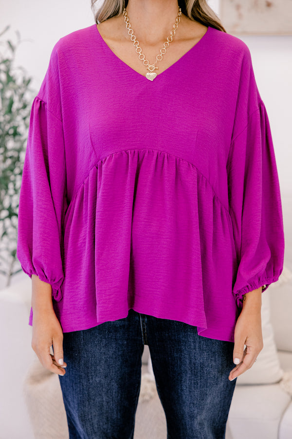 Chic Soul plus size clothing, purple mid sleeve baby doll top with v-neckline detail