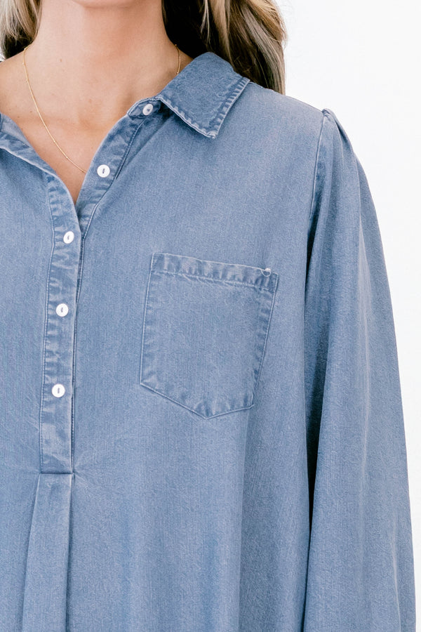 Chic Soul plus size clothing, denim blue long sleeve short dress with left breast pocket, 5 buttons at the top, and a collar