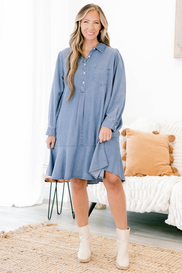 Chic Soul plus size clothing, denim blue long sleeve short dress with left breast pocket, 5 buttons at the top, and a collar