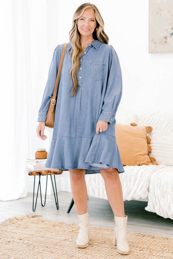 Chic Soul plus size clothing, denim blue long sleeve short dress with left breast pocket, 5 buttons at the top, and a collar