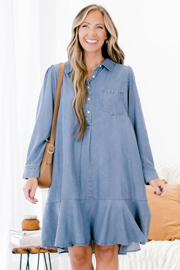 Chic Soul plus size clothing, denim blue long sleeve short dress with left breast pocket, 5 buttons at the top, and a collar