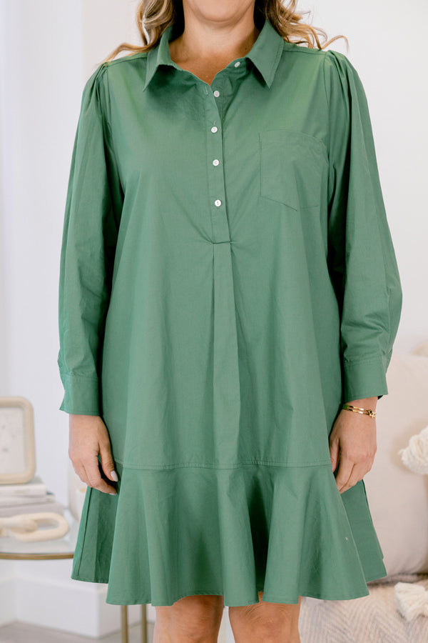 Chic Soul plus size clothing, fern green long sleeve short dress with collar and quarter button down front