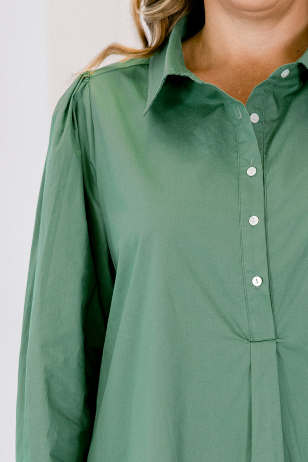 Chic Soul plus size clothing, fern green long sleeve short dress with collar and quarter button down front