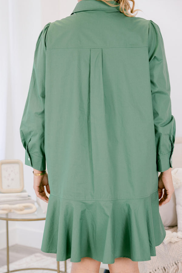 Chic Soul plus size clothing, fern green long sleeve short dress with collar and quarter button down front