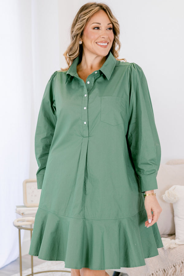 Chic Soul plus size clothing, fern green long sleeve short dress with collar and quarter button down front