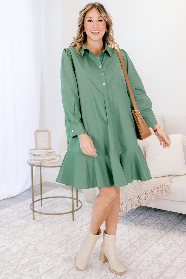 Chic Soul plus size clothing, fern green long sleeve short dress with collar and quarter button down front