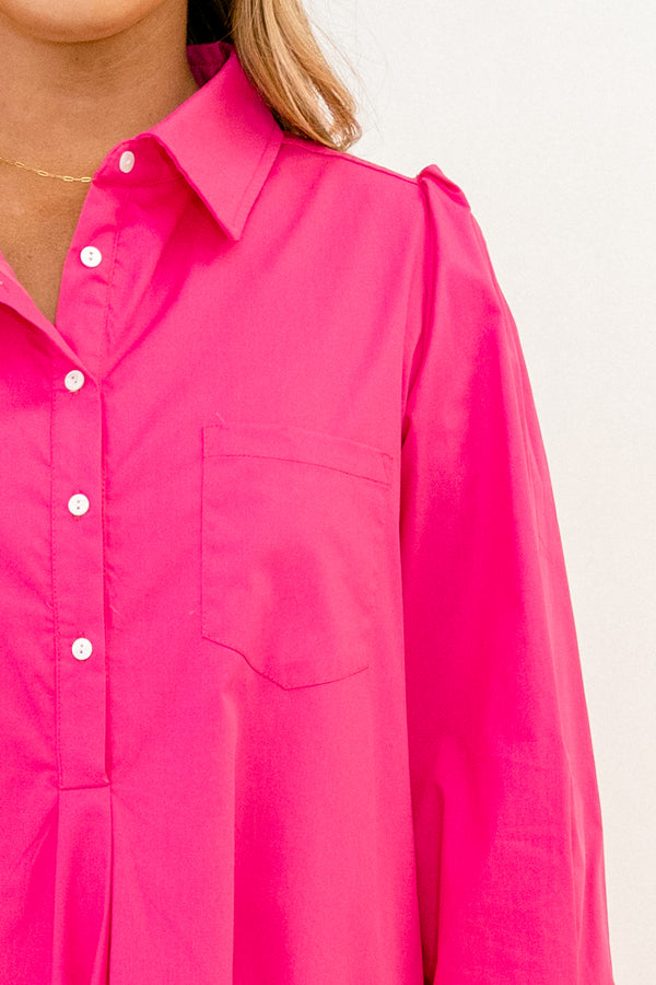 Chic Soul plus size clothing, fuchsia pink long sleeve short dress with collar and buttons a quarter of the way down the front